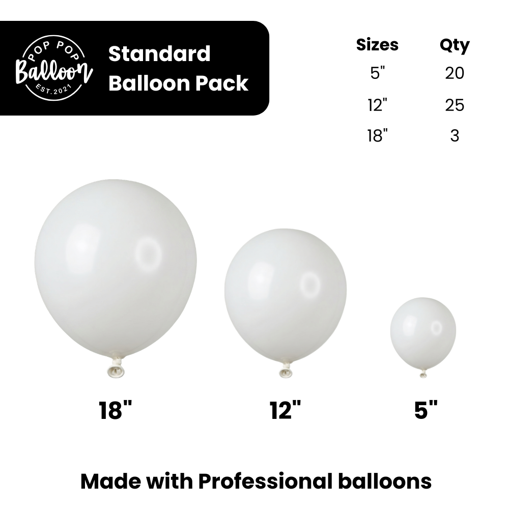 Balloon pack sizes — 5″, 12″ and 18″ quantities