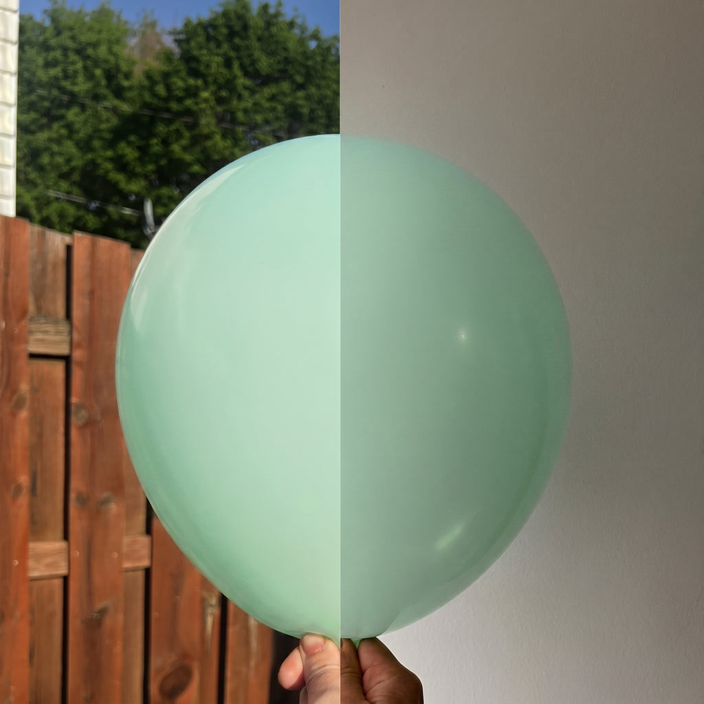 Macaron Green balloon shown indoors and outdoors
