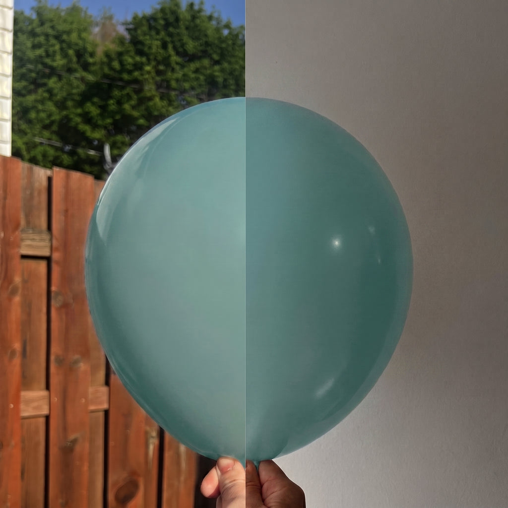 Sage Green balloon shown indoors and outdoors